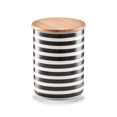 Zeller Contenitore in ceramica Stripes, coperchio in bambù, Nero/Bianco, 580 ml, Ø 10xH13 cm