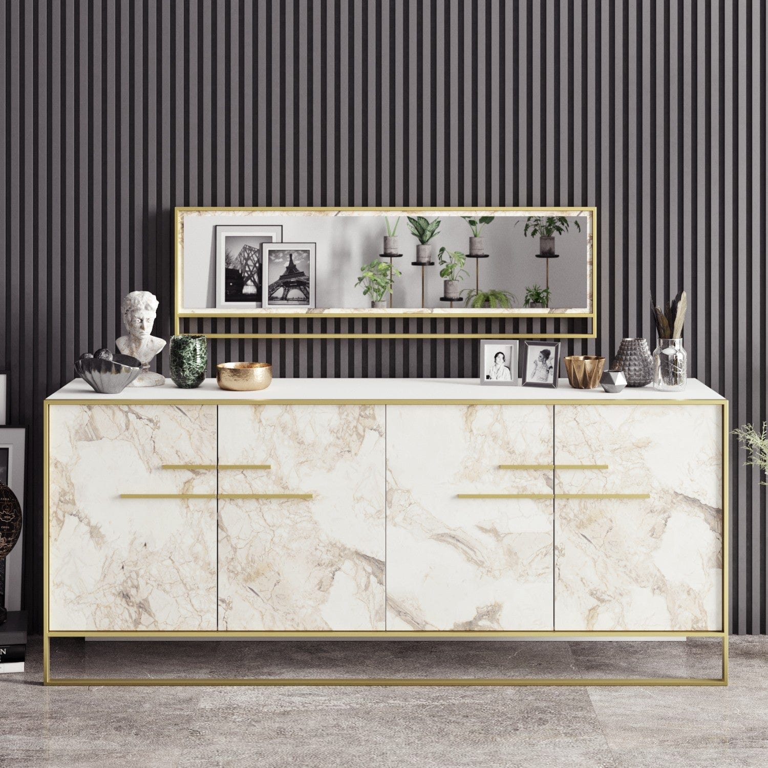 Asir Credenza con 4 ante Polka Aynalı Bianco