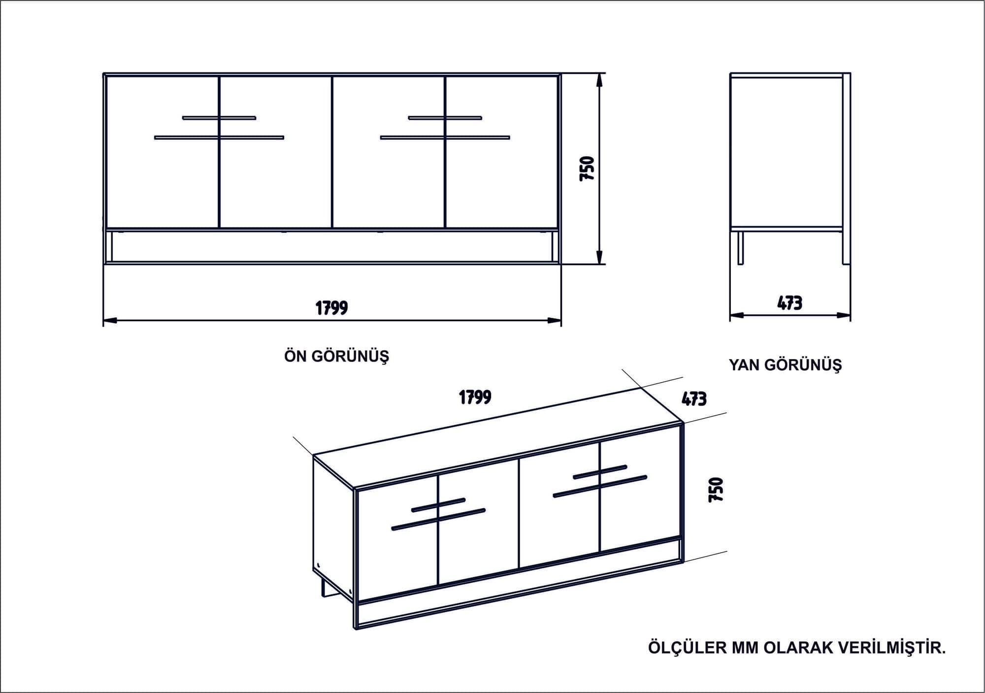 Asir Credenza con 4 ante Polka Aynalı Bianco