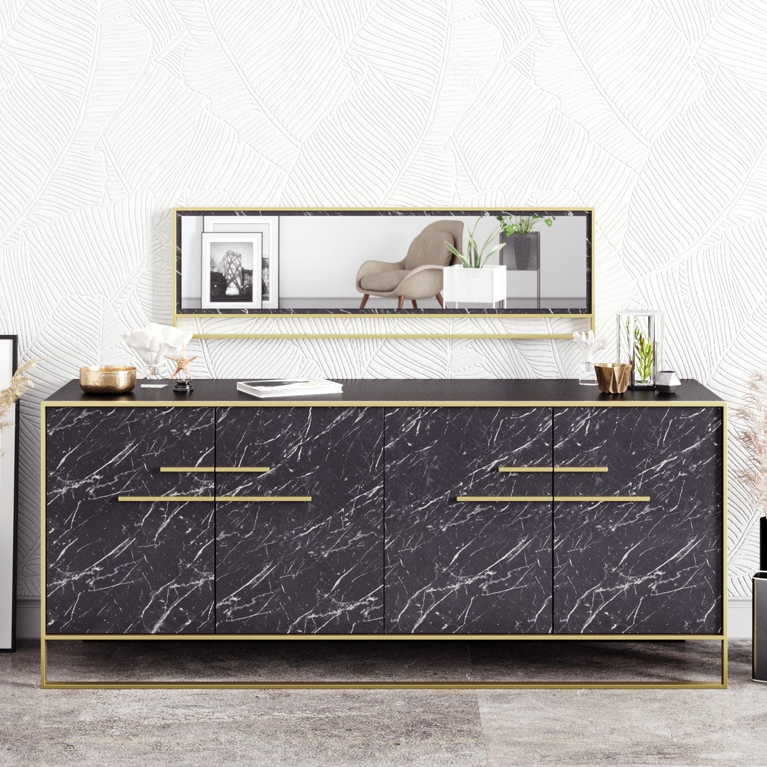 Asir Credenza con 4 ante Polka Aynalı Nero