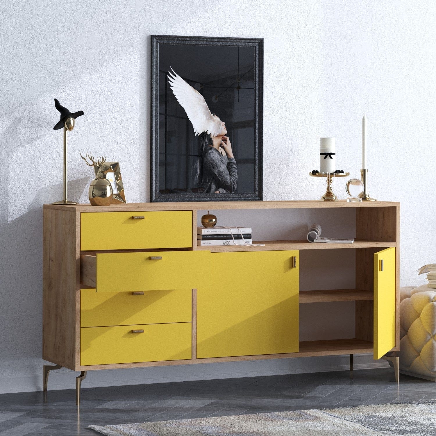 Asir Credenza con 4 cassetti e 2 ante Li̇ora Giallo