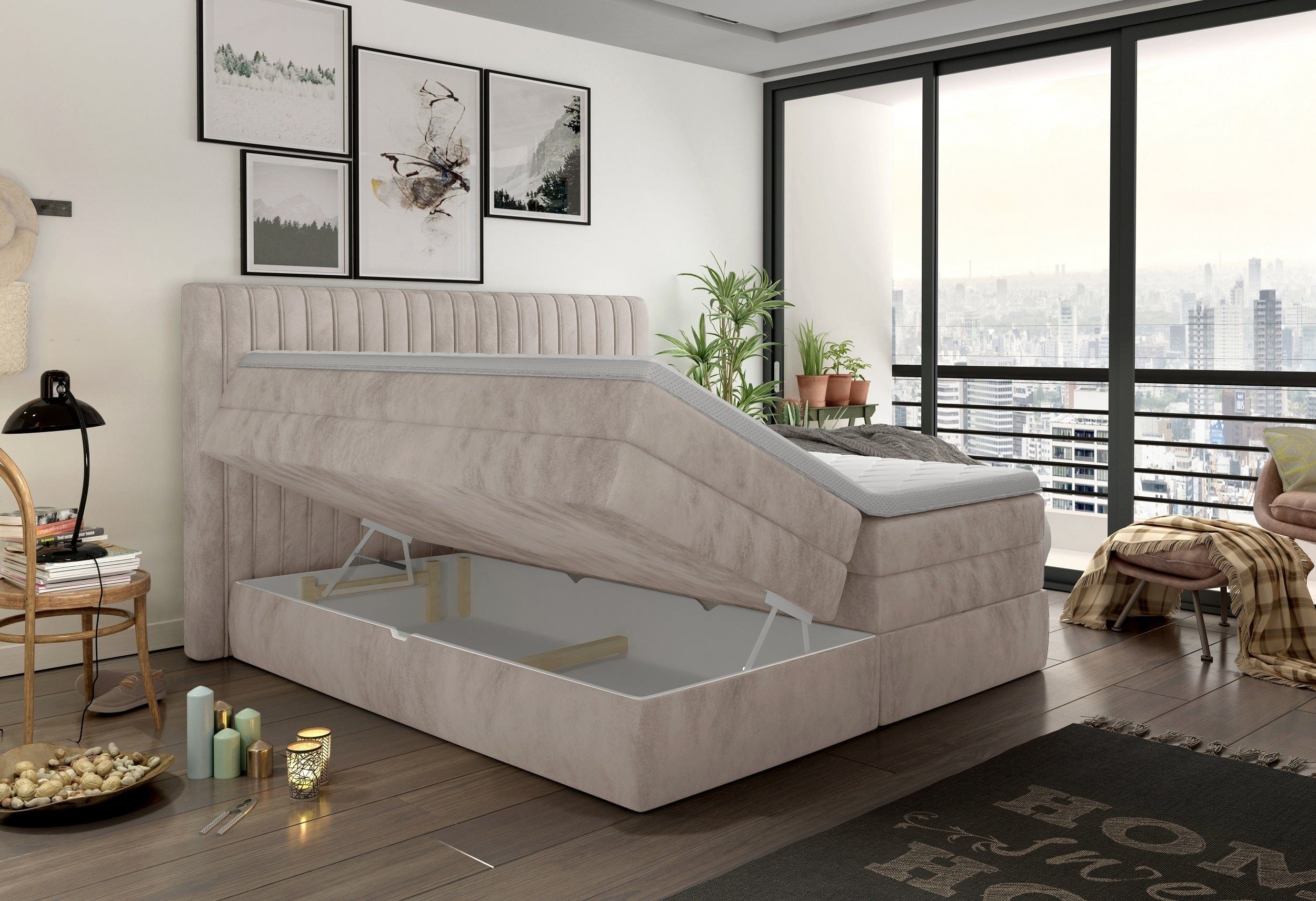 Letto Boxspring con topper e contenitore Mina Crema (1)