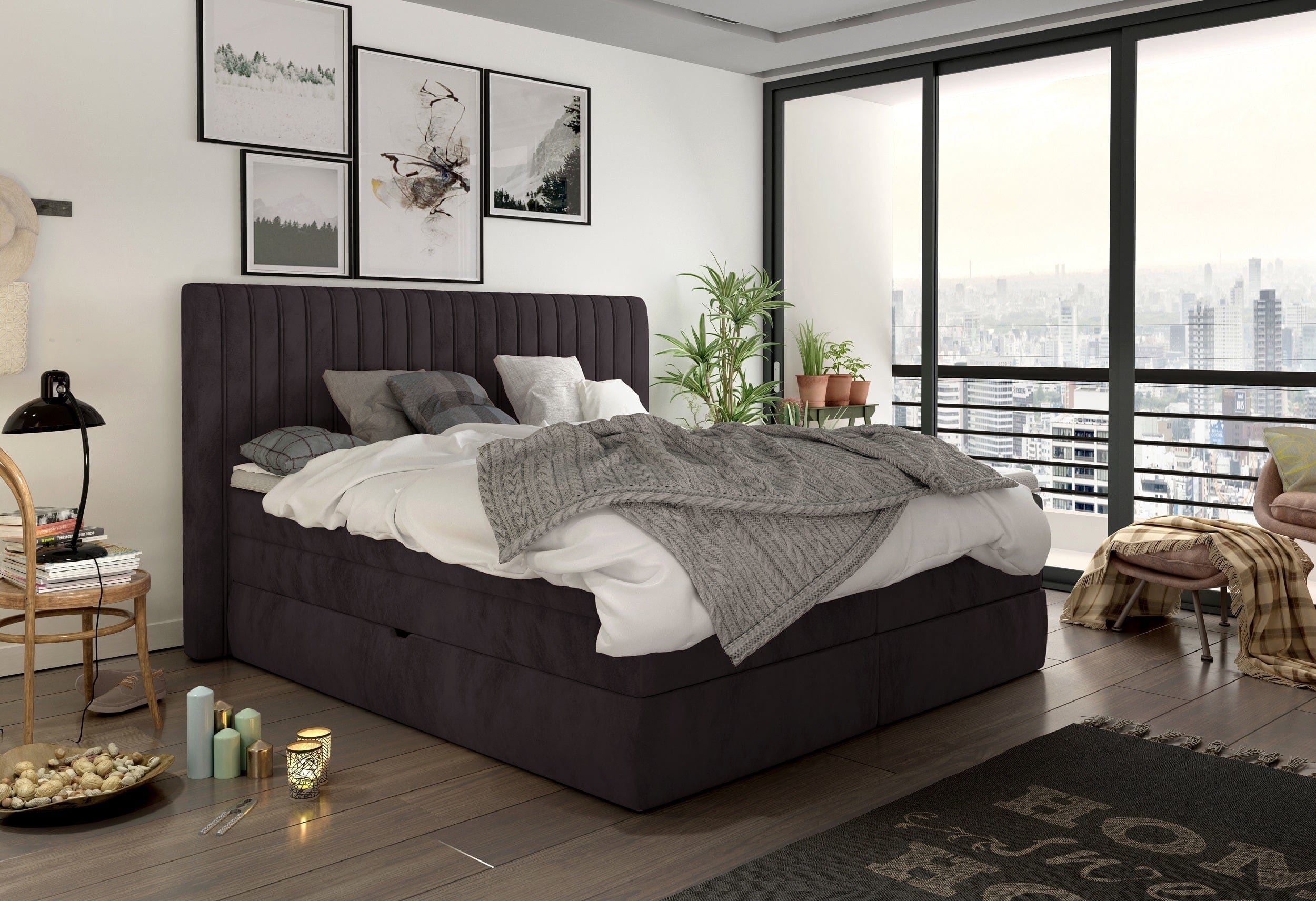 Letto Boxspring con topper e contenitore Mina Marrone