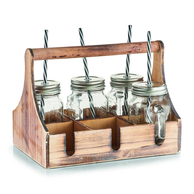 Set di barattoli con cannuccia e supporto in legno, 450 ml, Bevanda, 7 pezzi, L29xL22,5xH22,1 cm (3)