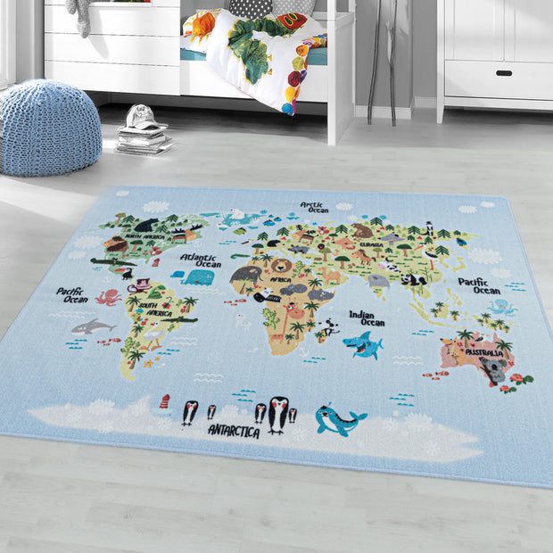 Tappeto per bambini Play 2917 World Map Animals Blu (1)