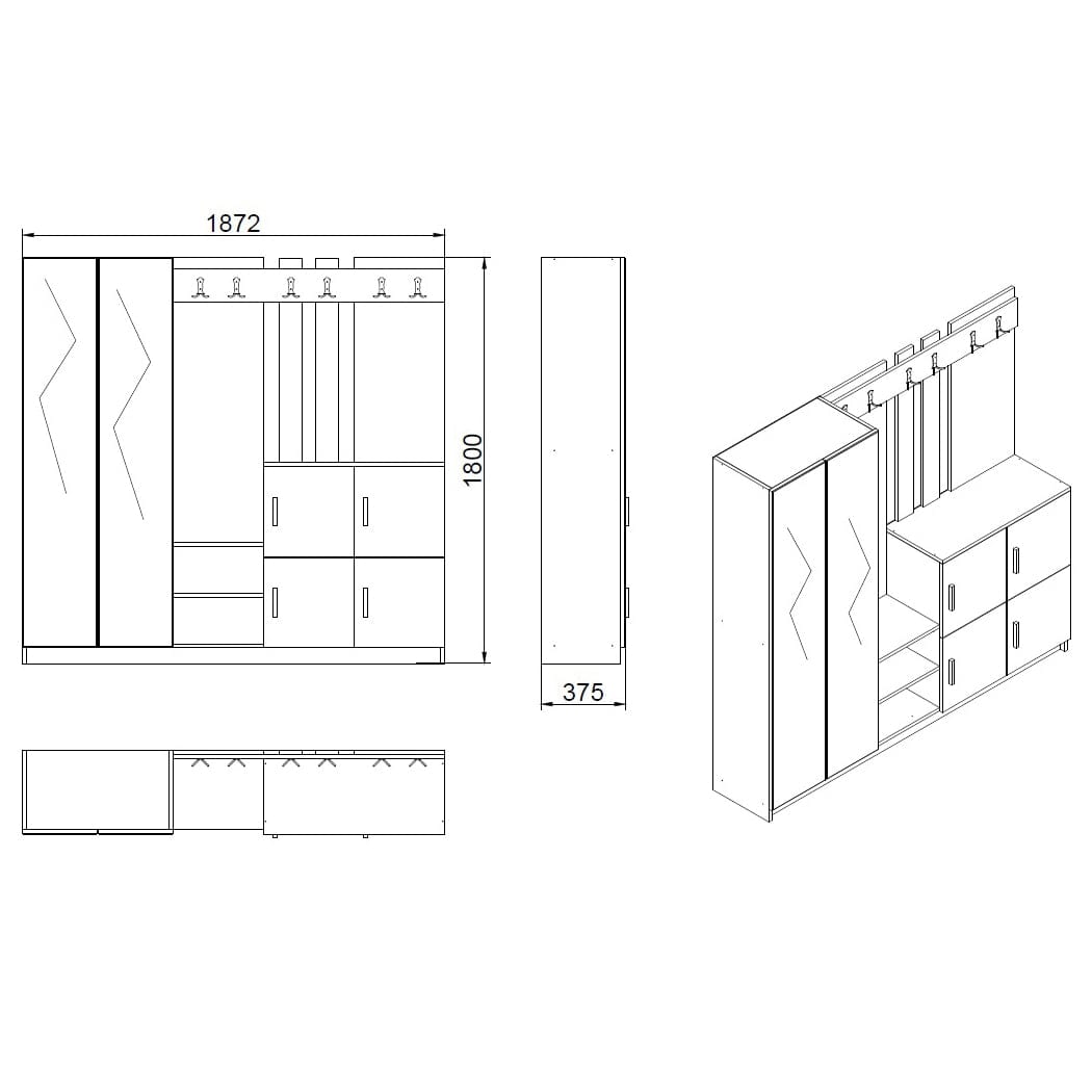 Armadio da ingresso con 6 ante e specchio Gibson DD9-AW Grande Bianco (5)