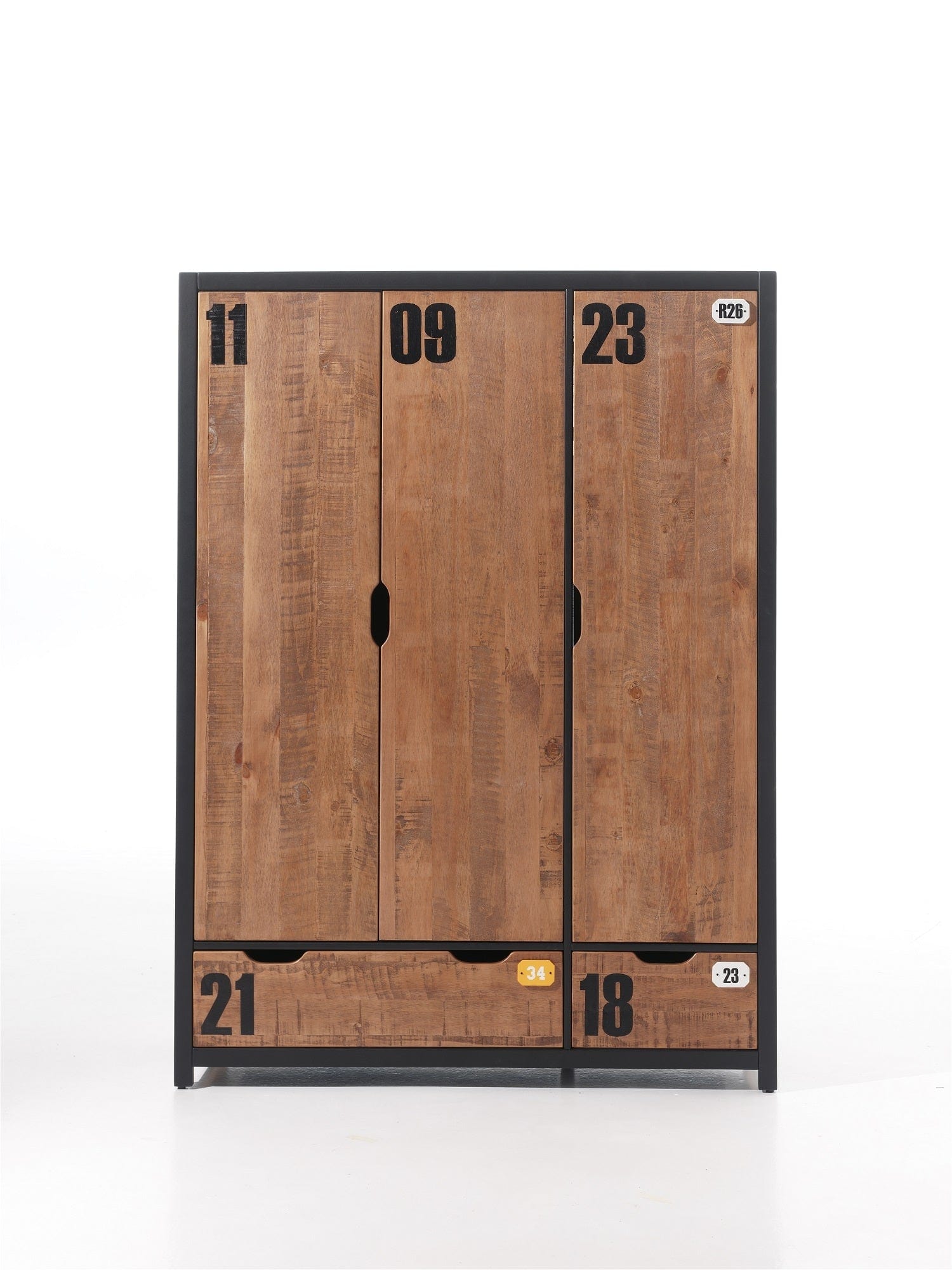 Vipack Armadio in legno di pino e MDF a 3 ante e 2 cassetti, per bambini Alex Natural / Black, l147,5xL55xH200 cm