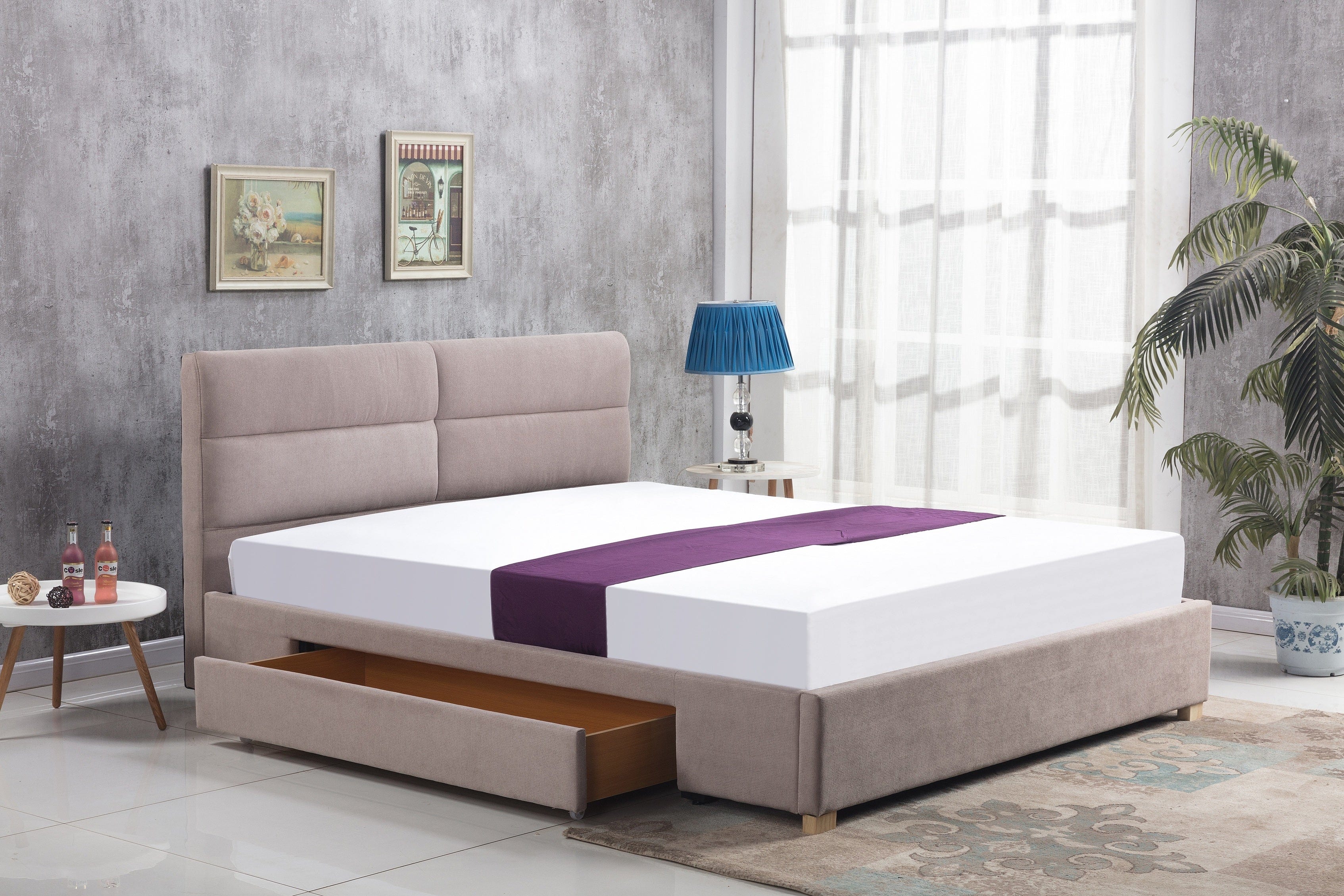 Letto imbottito con 1 cassetto Merlindiani Beige