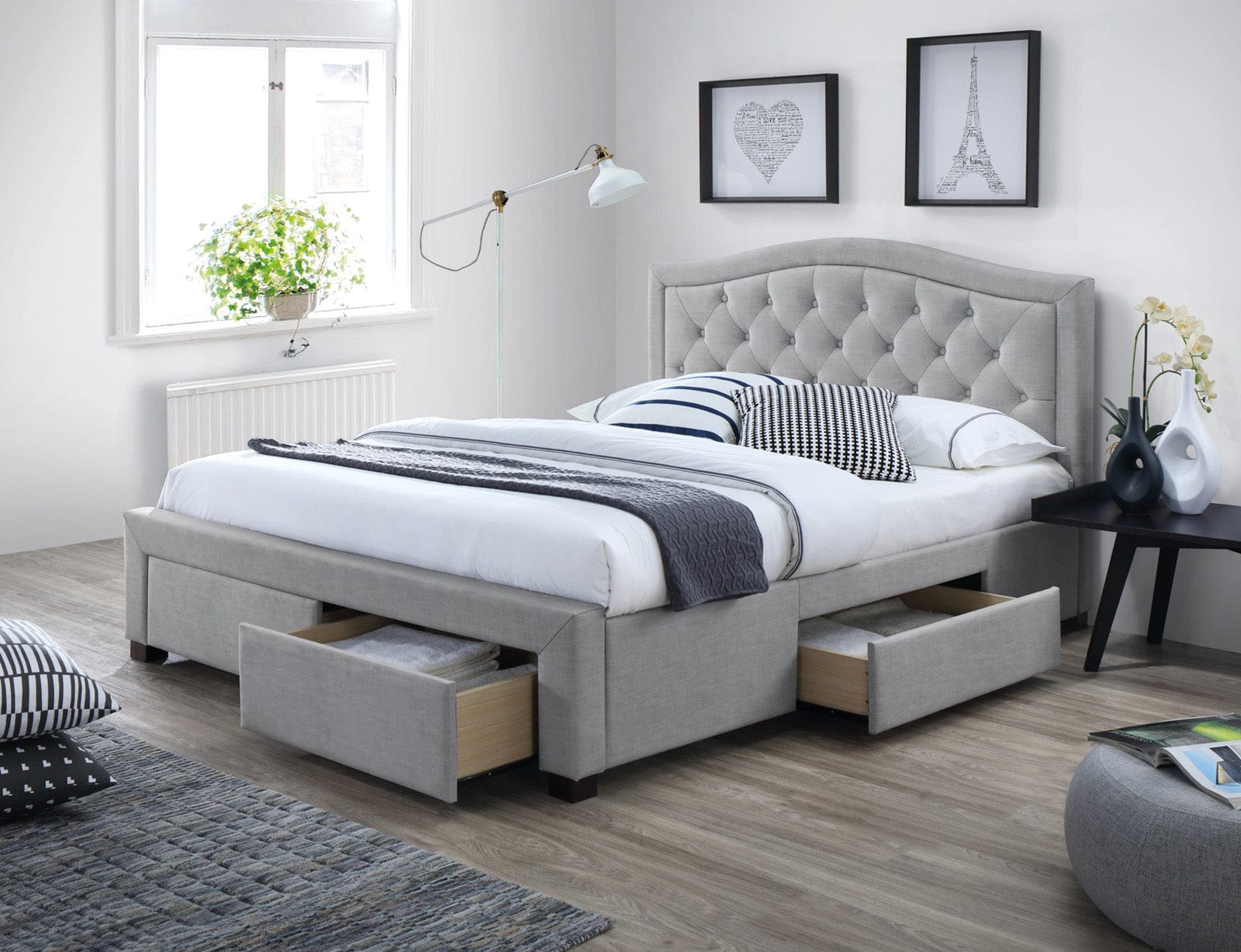 Letto imbottito con 4 cassetti Eleadora Grigio